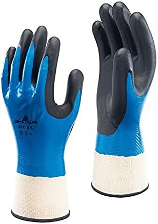 Showa 377 Gants de tricot complètement enduits de nitrile bleu, couche supplémentaire de mousse de nitrile noir sur paume et doigts. Taille 06 /Pr