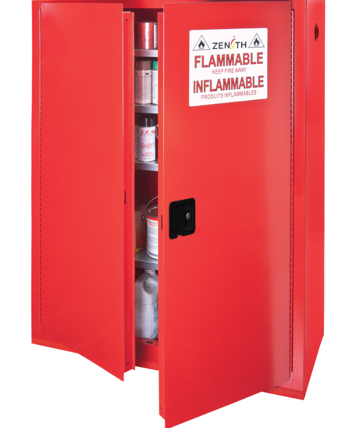 Armoire pour peintures et encres en acier rouge 43" x 18" x 65" 4 tablettes 2 portes 60 gallons maximum