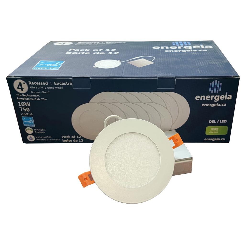 Encastré DEL mince rond 4" 10W 750 lumens 3000K graduable finition blanche 120V(Bte de 12)