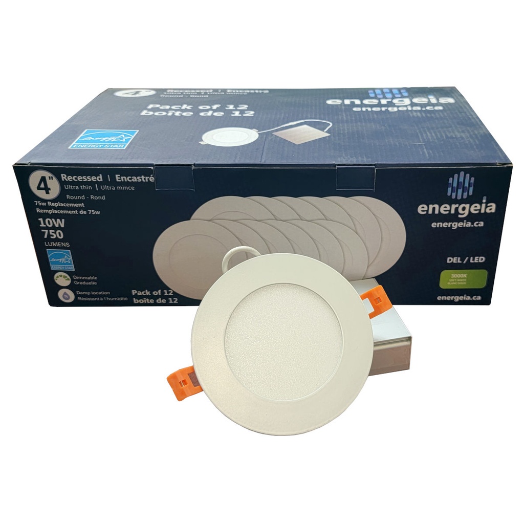 Encastrés DEL minces ronds 4" 10W 750 lumens 3000K graduable finition blanche 120V boîte de 12