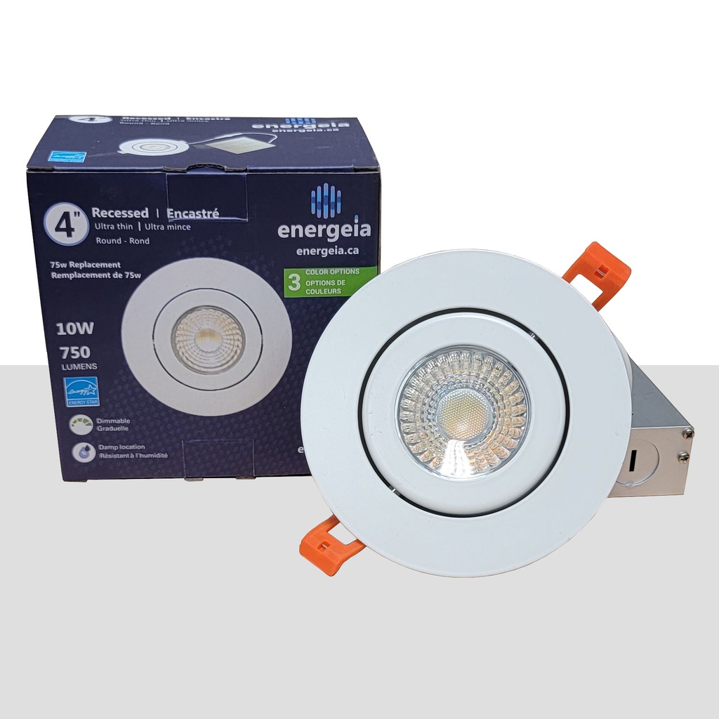 Encastré DEL mince rond dirigeable 4" 10W 750 lumens 3000K/4000K/5000K graduable finition blanche 120V