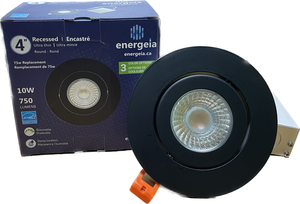 Encastré DEL mince rond dirigeable 4" 10W 750 lumens 3000K/4000K/5000K graduable finition noire 120V