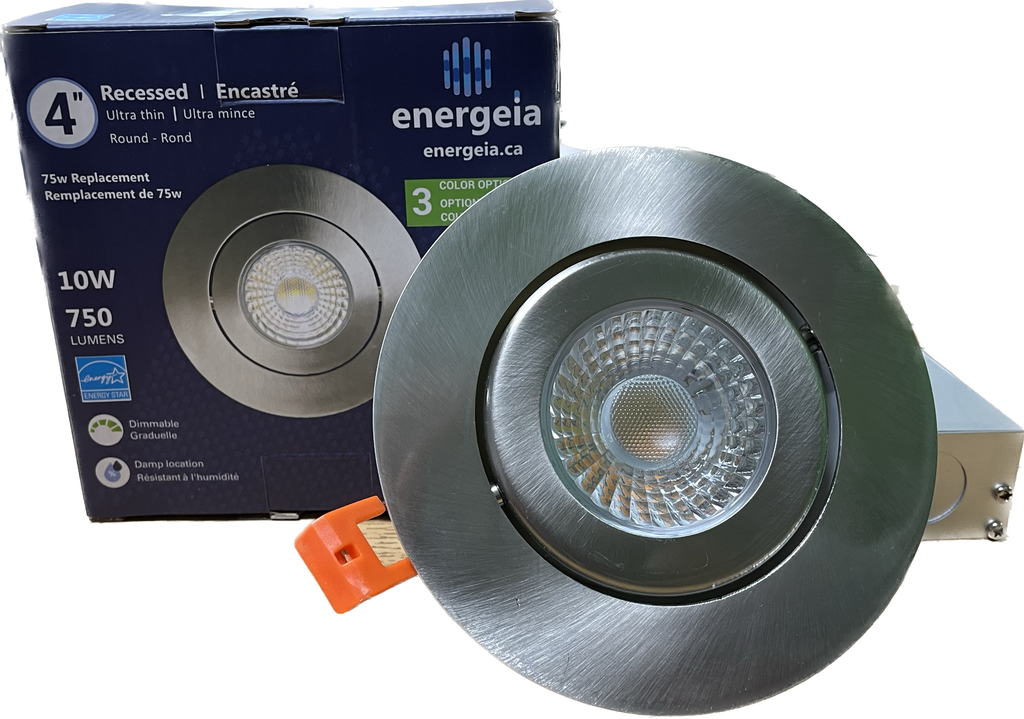 Slim LED round directional downlight 4" 10W 750 lumens 3000K/4000K/5000K brushed steel trim dimmable 120V