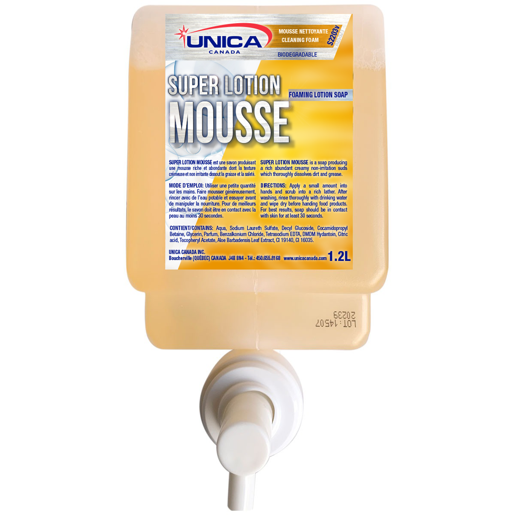 Super lotion mousse est un savon produisant une mousse riche et abondante dont la texture crémeuse 1.2l