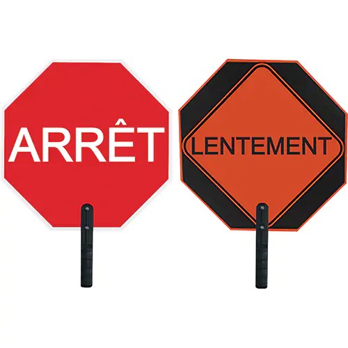 Panneau de signalisation à deux côtés « Arrêt/Lentement », 18" x 18", Aluminium, Français avec pictogramme