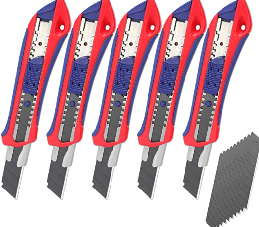 WORKPRO Lot de 5 couteaux utilitaires Snap-Off avec 20 lames tranchantes de 18 mm pour couper le carton, les boîtes, la carpe et la corde