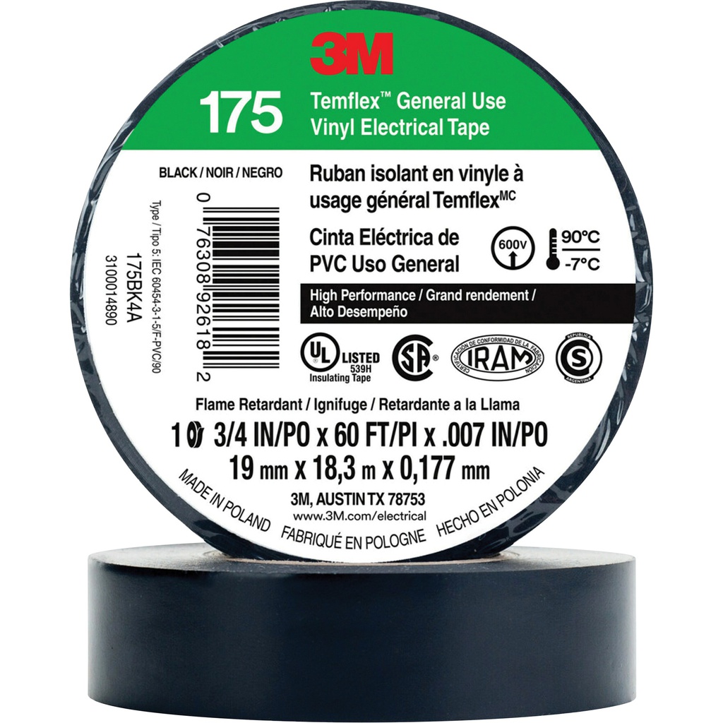 Temflex Black electrical PVC tape 7mil 3/4" x 60'