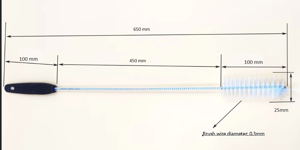 Industrial tube brush 25mm dia. x 100mm long. Total length 650mm. Stainless steel and nylon.