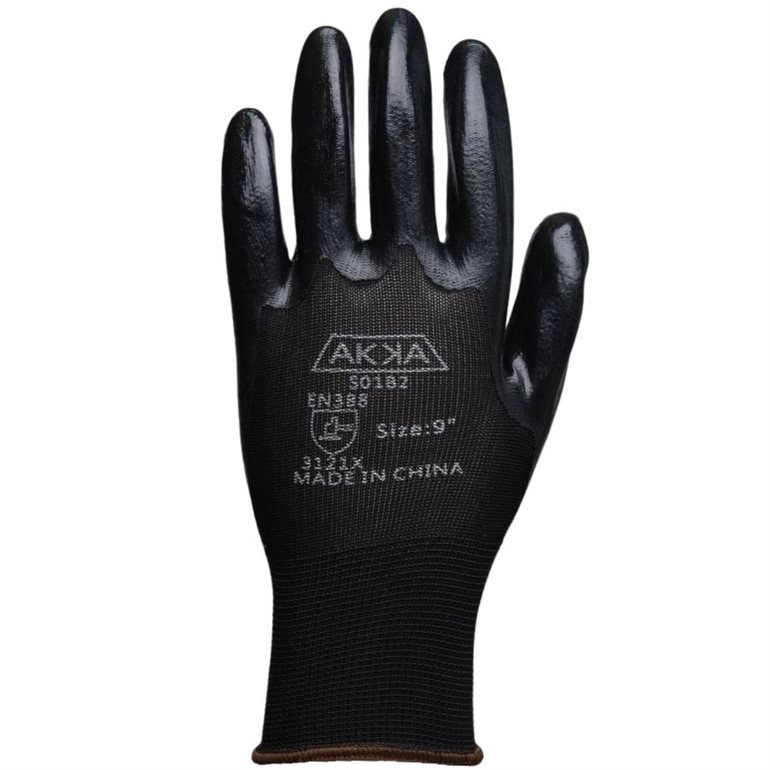 Gants en tricot de polyester noir paume et doigts enduits de nitrile noir /Pr