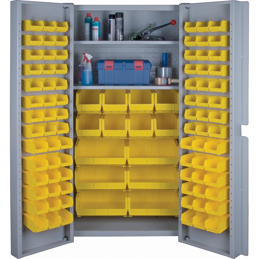 Steel combination cabinet 38" x 24" x 72" 2 shelves with 98 Yellow storage bins