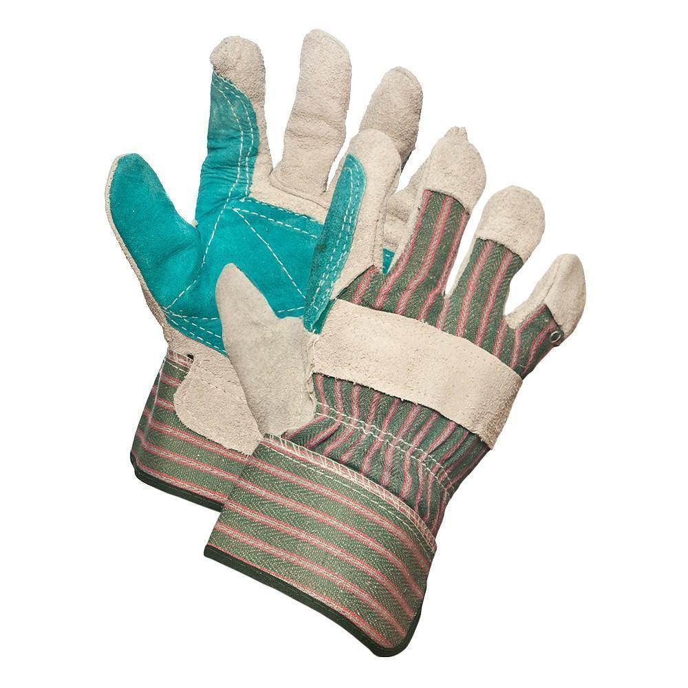 GANTS CUIR REFENDU ET COTON A/ DOUBLE PAUME EN CUIR VERT /PR