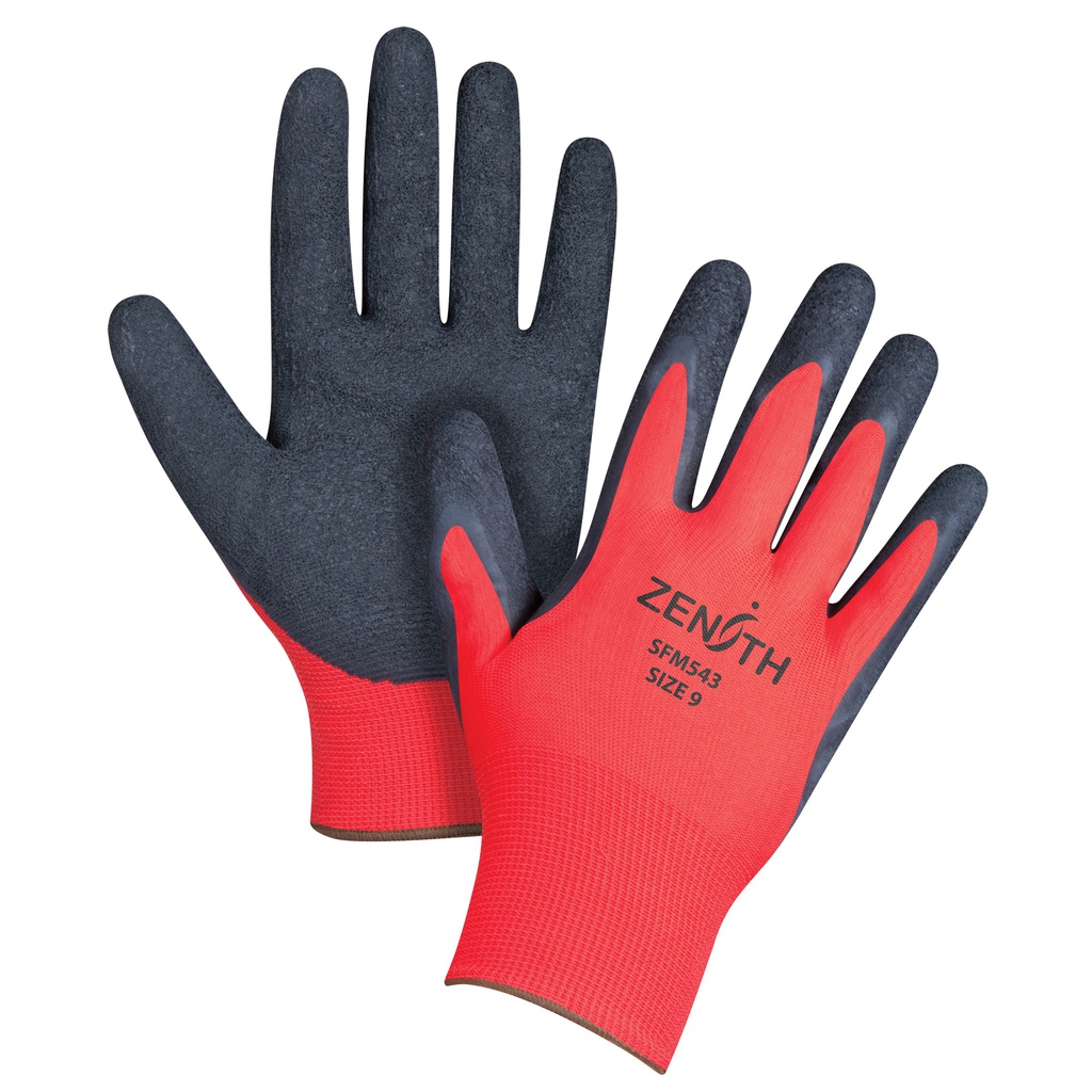 Gants enduits à prise crêpée noir & rouge, 9/Grand, Rêvetement Latex de caoutchouc, Calibre 13, Enveloppe en Polyester