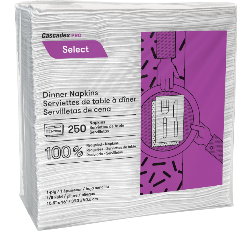 PRO SELECT SERVIETTES A DINER BLANCHES 1 EP PLI 1/8 12X250/CS
