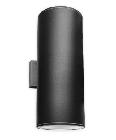 Exterior cylindrical wall mount lighting fixture up/down 2 x E26 120V black with photocell